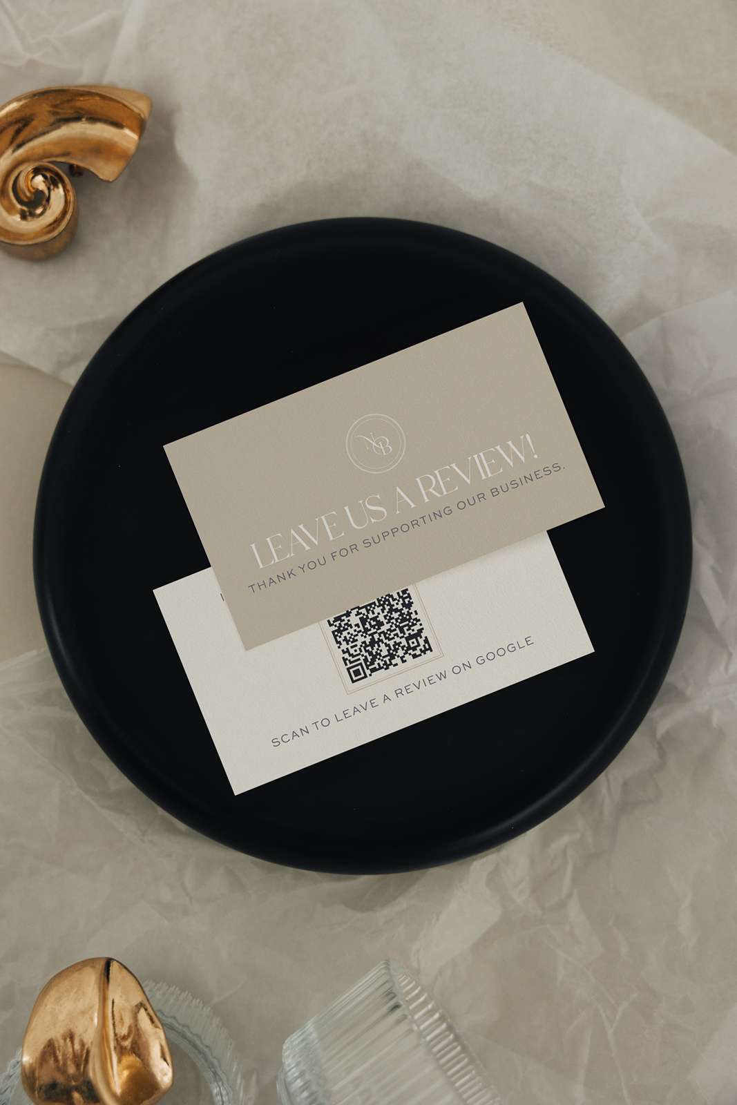 custom print materials including client review card with QR code